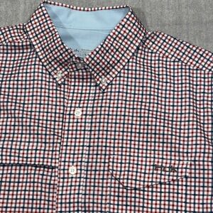 Huk Button Down Shirt Mens Medium Red Plaid All Over Fish Perforated Outdoor